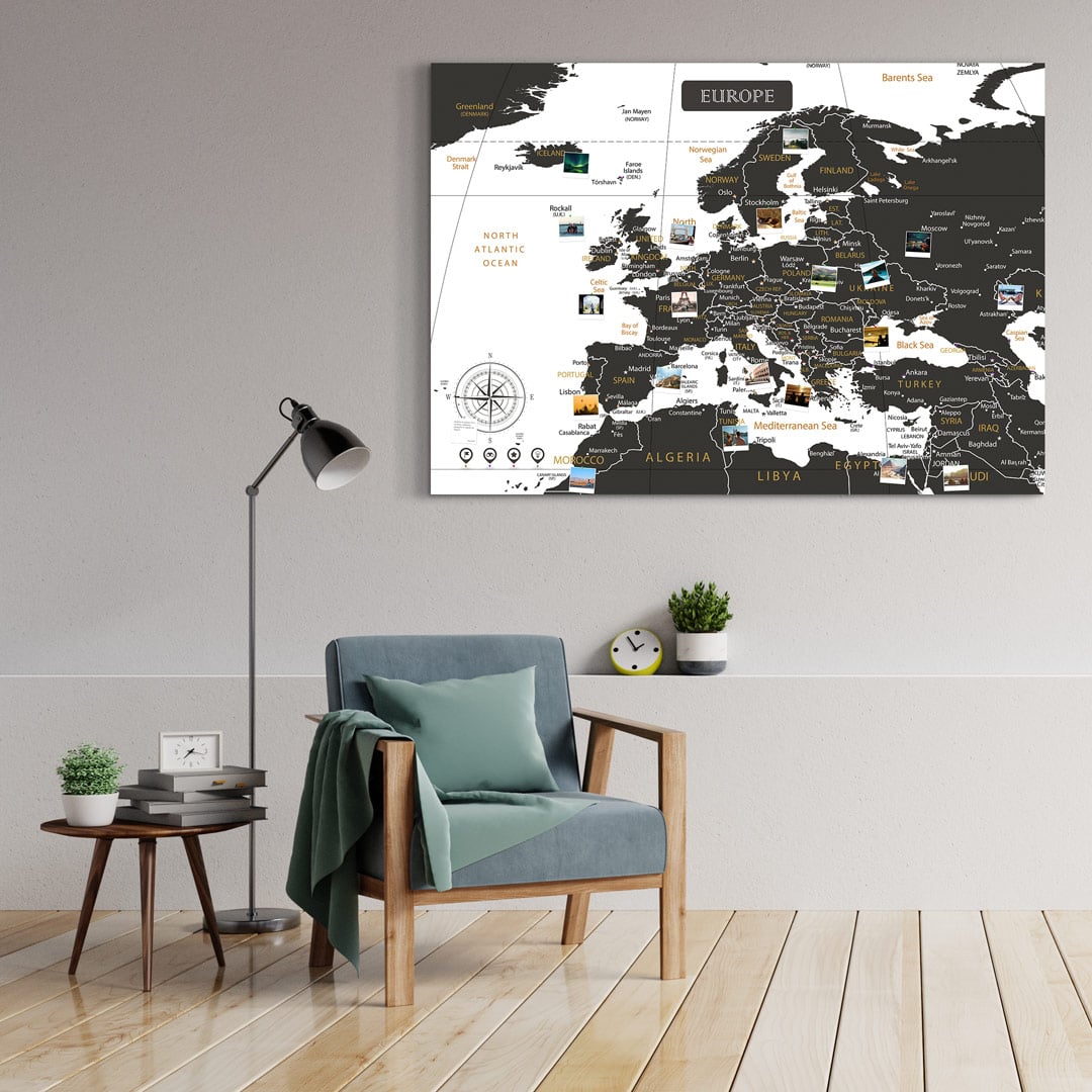 Europakarte-Schwarz-Weiss-Gross-XXL-Pinnwand-Leinwand-Wand Europakarte Schwarz Weiss Gross XXL Pinnwand Leinwand Wand