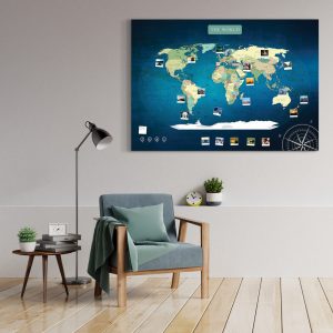 Weltkarte Blau Gross XXL Pinnwand Leinwand Wand