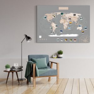 Weltkarte Pastell Grau Gross XXL Pinnwand Leinwand Wand